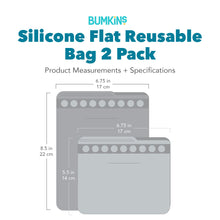 Load image into Gallery viewer, Bumkins Silicone Flat Reusable Bag 2 Pack with dimensions—large: 6.75 in (17 cm) by 8.5 in (22 cm), small: 6.75 in (17 cm) by 5.5 in (14 cm).
