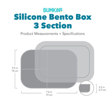 Load image into Gallery viewer, Gray silhouette of Bumkins Silicone Bento Box with dimensions—width: 7.25 in (18.4 cm), height: 5.5 in (12.7 cm), depth: 2.5 in (6.35 cm).
