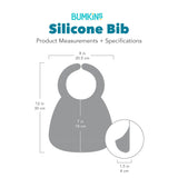 Bumkins Silicone Bib with dimensions—width: 8 in (20.5 cm), height: 12 in (30 cm), height from neck: 7 in (18 cm), pocket depth: 1.5 in (4 cm).