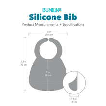 Load image into Gallery viewer, Bumkins Silicone Bib with dimensions—width: 8 in (20.5 cm), height: 12 in (30 cm), height from neck: 7 in (18 cm), pocket depth: 1.5 in (4 cm).
