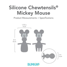 Load image into Gallery viewer, Gray silhouette of Bumkins Silicone Chewtensils Mickey Mouse with dimensions—width: 1.75 in (4 cm), height: 3 in (8 cm), depth: 1 in (3 cm).
