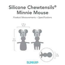 Load image into Gallery viewer, Gray silhouette of Bumkins Silicone Chewtensils Minnie Mouse with dimensions—width: 1.75 in (4 cm), height: 3 in (8 cm), depth: 1 in (3 cm).
