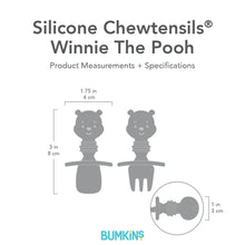 Load image into Gallery viewer, Gray silhouette of Bumkins Silicone Chewtensils® Winnie The Pooh with dimensions—width: 1.75 in (4 cm), height: 3 in (8 cm), depth: 1 in (3 cm).
