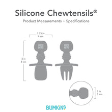 Load image into Gallery viewer, Gray silhouette of Bumkins Silicone Chewtensils® with dimensions—width: 1.75 in (4 cm), height: 3 in (8 cm), depth: 1 in (3 cm).
