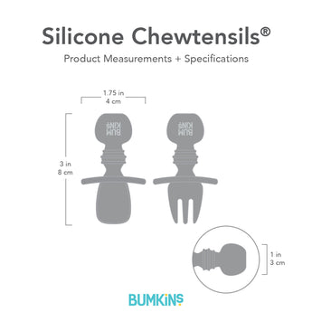 Gray silhouette of Bumkins Silicone Chewtensils® with dimensions—width: 1.75 in (4 cm), height: 3 in (8 cm), depth: 1 in (3 cm).