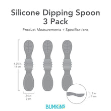 Load image into Gallery viewer, Gray silhouette of Bumkins Silicone Dipping Spoon 3 Pack with dimensions—width: .75 in (2 cm), height: 4.25 in (11 cm), depth: .5 in (1 cm).
