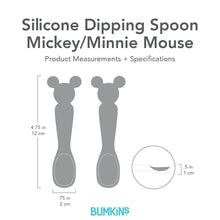 Load image into Gallery viewer, Bumkins Silicone Dipping Spoon: Mickey/Minnie Mouse with dimensions—width: .75 in (2 cm), height: 4.75 in (12 cm), depth: .5 in (1 cm).
