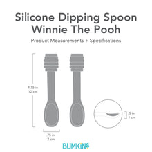 Load image into Gallery viewer, Bumkins Silicone Dipping Spoon: Winnie The Pooh with dimensions—width: .75 in (2 cm), height: 4.75 in (12 cm), depth: .5 in (1 cm).
