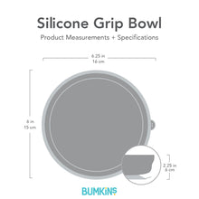 Load image into Gallery viewer, Gray silhouette of Bumkins Silicone Grip Bowl with dimensions—width: 6.25 in (16 cm), height: 6 in (15 cm), depth: 2.25 in (6 cm).
