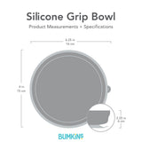 Gray silhouette of Bumkins Silicone Grip Bowl with dimensions—width: 6.25 in (16 cm), height: 6 in (15 cm), depth: 2.25 in (6 cm).