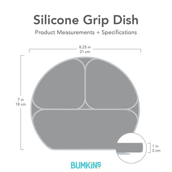 Gray silhouette of Bumkins Silicone Grip Dish with dimensions—width: 8.25 in (21 cm), height: 7 in (18 cm), depth: 1 in (3 cm).