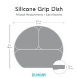 Gray silhouette of Bumkins Silicone Grip Dish with dimensions—width: 8.25 in (21 cm), height: 7 in (18 cm), depth: 1 in (3 cm).