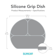 Load image into Gallery viewer, Gray silhouette of Bumkins Silicone Grip Dish with dimensions—width: 8.25 in (21 cm), height: 7 in (18 cm), depth: 1 in (3 cm).
