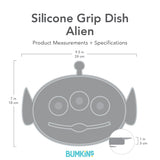 Gray silhouette of Bumkins Silicone Grip Dish Alien with dimensions—width: 9.5 in (24 cm), height: 7 in (18 cm), depth: 1 in (3 cm).