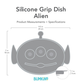 Gray silhouette of Bumkins Silicone Grip Dish Alien with dimensions—width: 9.5 in (24 cm), height: 7 in (18 cm), depth: 1 in (3 cm).