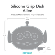 Load image into Gallery viewer, Gray silhouette of Bumkins Silicone Grip Dish Alien with dimensions—width: 9.5 in (24 cm), height: 7 in (18 cm), depth: 1 in (3 cm).
