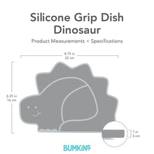 Load image into Gallery viewer, Gray silhouette of Bumkins Silicone Grip Dish Dinosaur with dimensions—width: 8.7 in (22 cm), height: 6.25 in (16 cm), depth: 1 in (3 cm).
