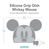Gray silhouette of Bumkins Silicone Grip Dish Mickey Mouse with dimensions—width: 9.5 in (24 cm), height: 6.5 in (17 cm), depth: 1 in (3 cm).