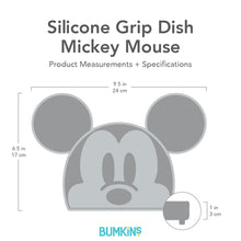 Load image into Gallery viewer, Gray silhouette of Bumkins Silicone Grip Dish Mickey Mouse with dimensions—width: 9.5 in (24 cm), height: 6.5 in (17 cm), depth: 1 in (3 cm).
