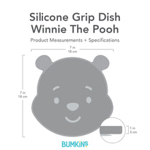Load image into Gallery viewer, Gray silhouette of Bumkins Silicone Grip Dish Winnie The Pooh with dimensions—width: 7 in (18 cm), height: 7 in (18 cm), depth: 1 in (3 cm).
