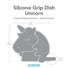 Load image into Gallery viewer, Gray silhouette of Bumkins Silicone Grip Dish Unicorn with dimensions—width: 7 in (18 cm), height: 7 in (18 cm), depth: 1 in (3 cm).
