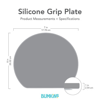 Gray silhouette of Bumkins Silicone Grip Plate with dimensions—width: 7 in (17.78 cm), height: 8 in (20.32 cm), depth: 1 in (2.54 cm).