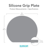 Gray silhouette of Bumkins Silicone Grip Plate with dimensions—width: 8 in (20 cm), height: 7 in (18 cm), depth: 1 in (3 cm).