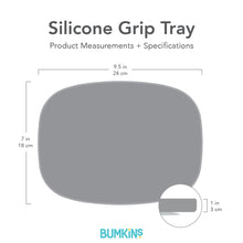Load image into Gallery viewer, Gray silhouette of Bumkins Silicone Grip Tray with dimensions—width: 9.5 in (24 cm), height: 7 in (18 cm), depth: 1 in (3 cm).
