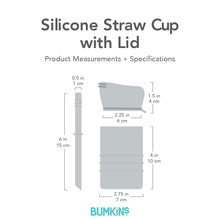 Load image into Gallery viewer, Silicone Straw Cup dimensions—cup: 2.75 in (7 cm) by 4 in (10 cm), lid: 2.25 in (6 cm) by 1.5 in (4 cm), straw: .5 in (1 cm) by 6 in (15 cm).
