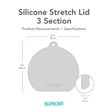 Load image into Gallery viewer, Gray silhouette of Bumkins Silicone Stretch Lid 3 Section with dimensions—width: 8 in (20 cm), height: 8 in (20 cm), depth: 1 in (3 cm).
