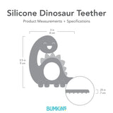 Gray silhouette of Bumkins Silicone Dinosaur Teether with dimensions—width: 3 in (8 cm), height: 3.5 in (9 cm), charm height: .25 in (.7 cm).