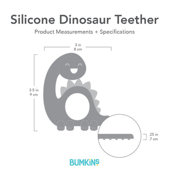 Gray silhouette of Bumkins Silicone Dinosaur Teether with dimensions—width: 3 in (8 cm), height: 3.5 in (9 cm), charm height: .25 in (.7 cm).