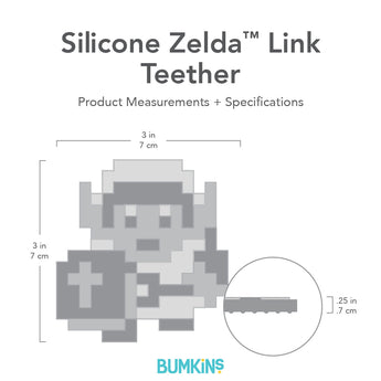 Bumkins Silicone Zelda™ Link Teether with dimensions—width: 3 in (7 cm), height: 3 in (7 cm), charm height: .25 in (.7 cm).