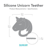 Gray silhouette of Bumkins Silicone Unicorn Teether with dimensions—width: 3.5 in (9 cm), height: 3.5 in (9 cm), charm height: .25 in (.7 cm).