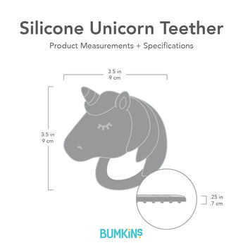 Gray silhouette of Bumkins Silicone Unicorn Teether with dimensions—width: 3.5 in (9 cm), height: 3.5 in (9 cm), charm height: .25 in (.7 cm).
