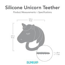 Load image into Gallery viewer, Gray silhouette of Bumkins Silicone Unicorn Teether with dimensions—width: 3.5 in (9 cm), height: 3.5 in (9 cm), charm height: .25 in (.7 cm).

