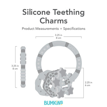 Gray silhouette of Bumkins Silicone Teething Charms with dimensions—width: 3.25 in (8 cm), height: 3.25 in (8 cm), charm height: 2.25 in (6 cm).