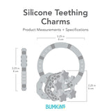 Gray silhouette of Bumkins Silicone Teething Charms with dimensions—width: 3.25 in (8 cm), height: 3.25 in (8 cm), charm height: 2.25 in (6 cm).