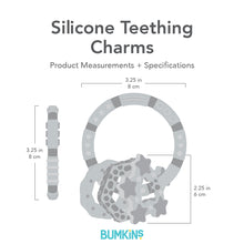 Load image into Gallery viewer, Gray silhouette of Bumkins Silicone Teething Charms with dimensions—width: 3.25 in (8 cm), height: 3.25 in (8 cm), charm height: 2.25 in (6 cm).
