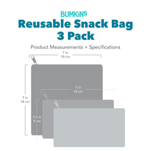 Load image into Gallery viewer, Bumkins Reusable Snack Bag, 3-Pack with dimensions—small bags: 7 in (18 cm) by 4 in (10 cm), large bag: 7 in (18 cm) by 7 in (18 cm).
