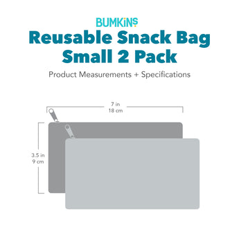 Gray silhouette of Bumkins Reusable Snack Bag, Small 2 Pack with dimensions—width: 7 in (18 cm), height: 4 in (10 cm).