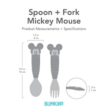 Load image into Gallery viewer, Gray silhouette of Bumkins Spoon + Fork Mickey Mouse with dimensions—width: 1.5 in (4 cm), height: 5.5 in (14 cm), depth: .5 in (1 cm).
