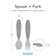 Load image into Gallery viewer, Gray silhouette of Bumkins Spoon + Fork with dimensions—width: 1 in (3 cm), height: 5.5 in (14cm), depth: .75 in (2 cm).
