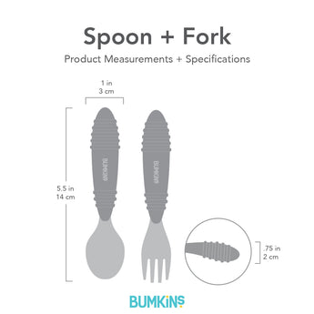 Gray silhouette of Bumkins Spoon + Fork with dimensions—width: 1 in (3 cm), height: 5.5 in (14cm), depth: .75 in (2 cm).