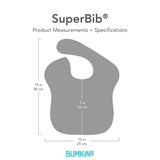 Gray silhouette of Bumkins SuperBib® with dimensions—width: 10 in (25 cm), height from neck: 9 in (23 cm), height: 15 in (38 cm).