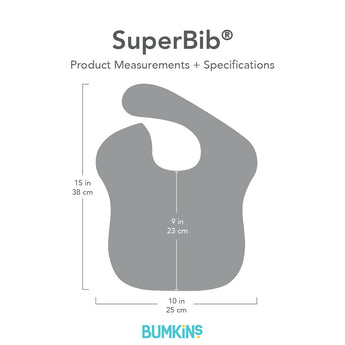 Gray silhouette of Bumkins SuperBib® with dimensions—width: 10 in (25 cm), height from neck: 9 in (23 cm), height: 15 in (38 cm).