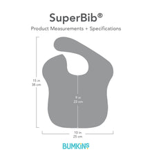 Load image into Gallery viewer, Gray silhouette of Bumkins SuperBib® with dimensions—width: 10 in (25 cm), height from neck: 9 in (23 cm), height: 15 in (38 cm).
