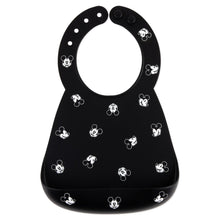 Load image into Gallery viewer, Bumkins Silicone Bib: Mickey Mouse Faces is made of black silicone and features a white Mickey Mouse face pattern.
